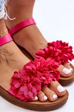 Boto Sandały Płaskie*Damskie Sandały Z Materiałowymi Kwiatami Fuksja Fiori
