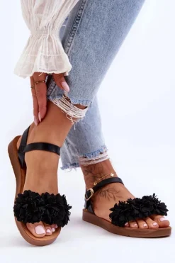 Best Boto Damskie Sandały Z Materiałowymi Kwiatami Czarne Fiori