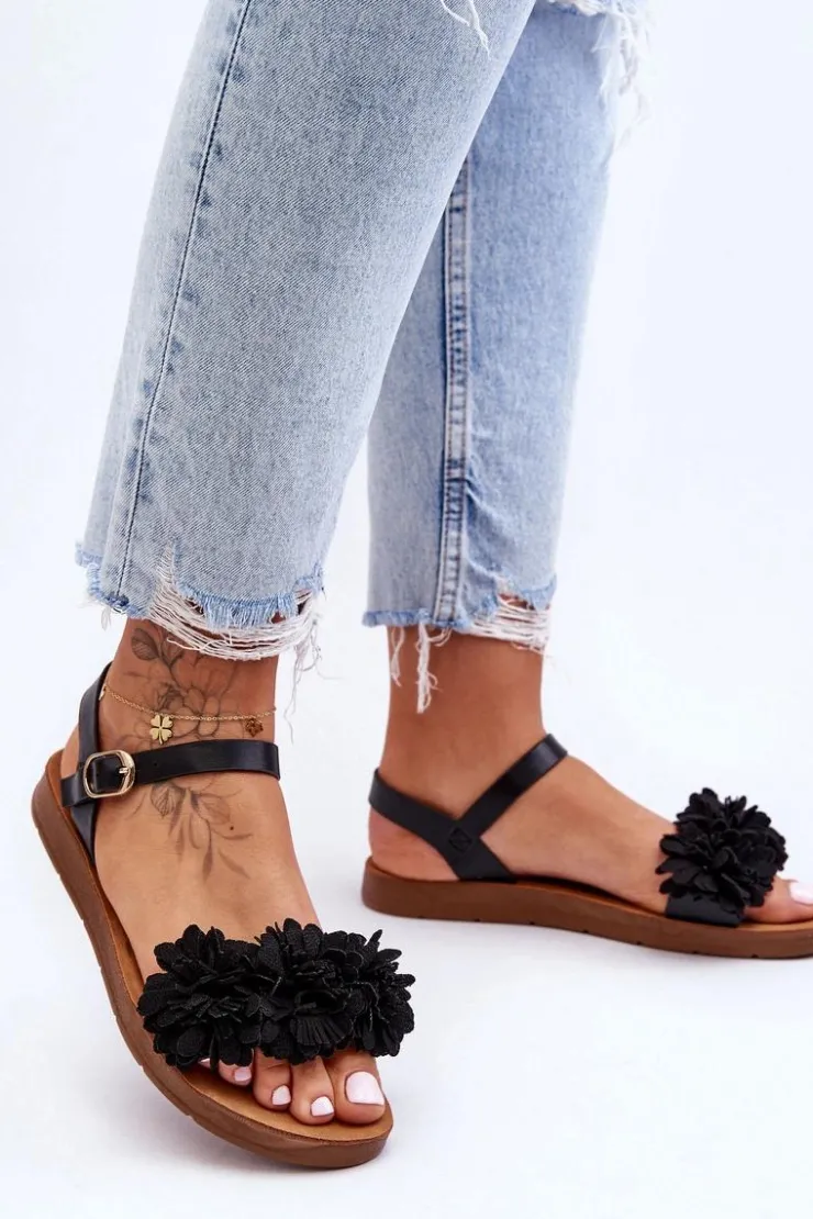 Best Boto Damskie Sandały Z Materiałowymi Kwiatami Czarne Fiori