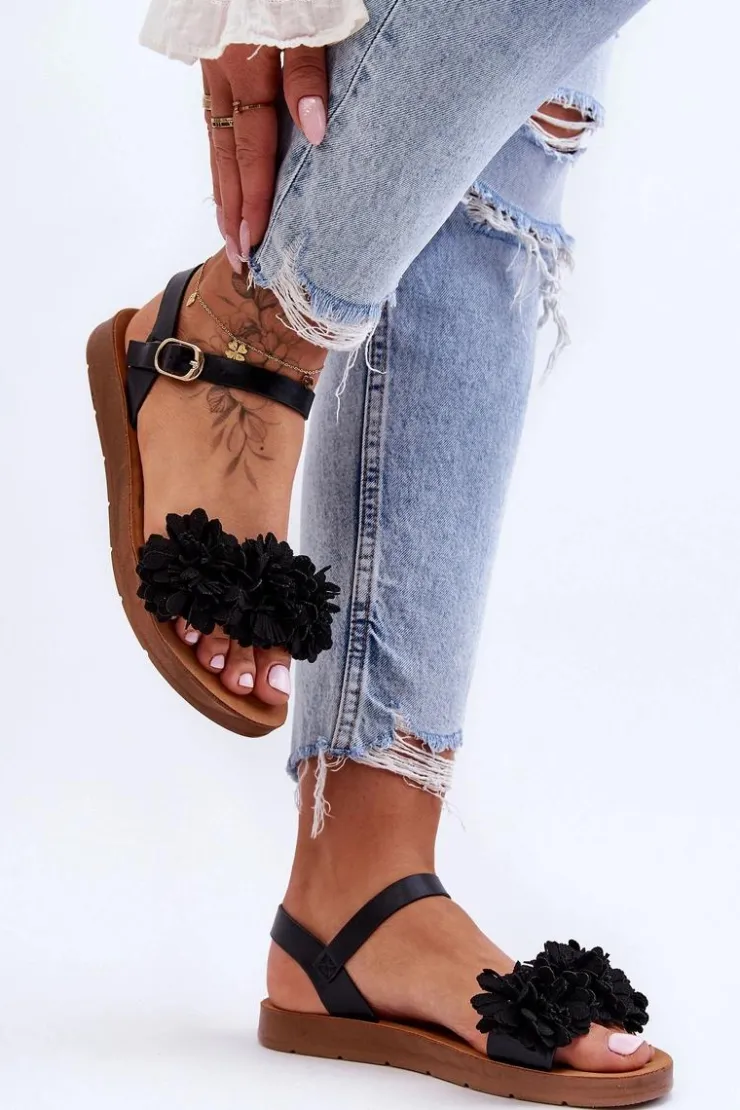 Best Boto Damskie Sandały Z Materiałowymi Kwiatami Czarne Fiori