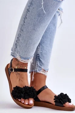 Best Boto Damskie Sandały Z Materiałowymi Kwiatami Czarne Fiori