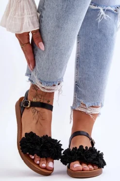 Best Boto Damskie Sandały Z Materiałowymi Kwiatami Czarne Fiori