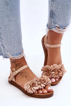 Boto Sandały Płaskie*Damskie Sandały Z Materiałowymi Kwiatami Beżowe Fiori