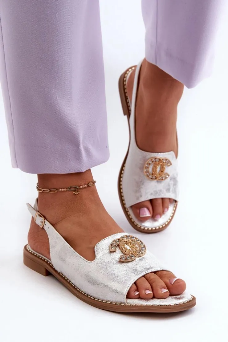 Damskie buty S.Barski Sandały Płaskie*Damskie Sandały Z Ozdobą S.Barski KV27-049 Srebrne