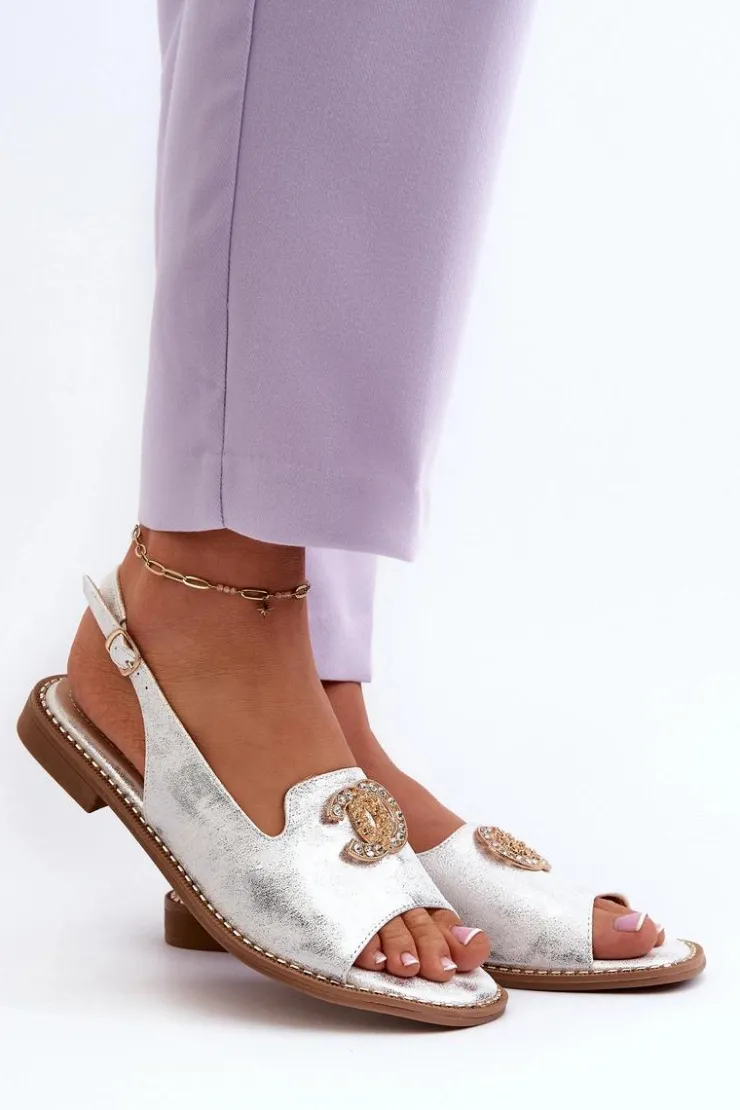 Damskie buty S.Barski Sandały Płaskie*Damskie Sandały Z Ozdobą S.Barski KV27-049 Srebrne