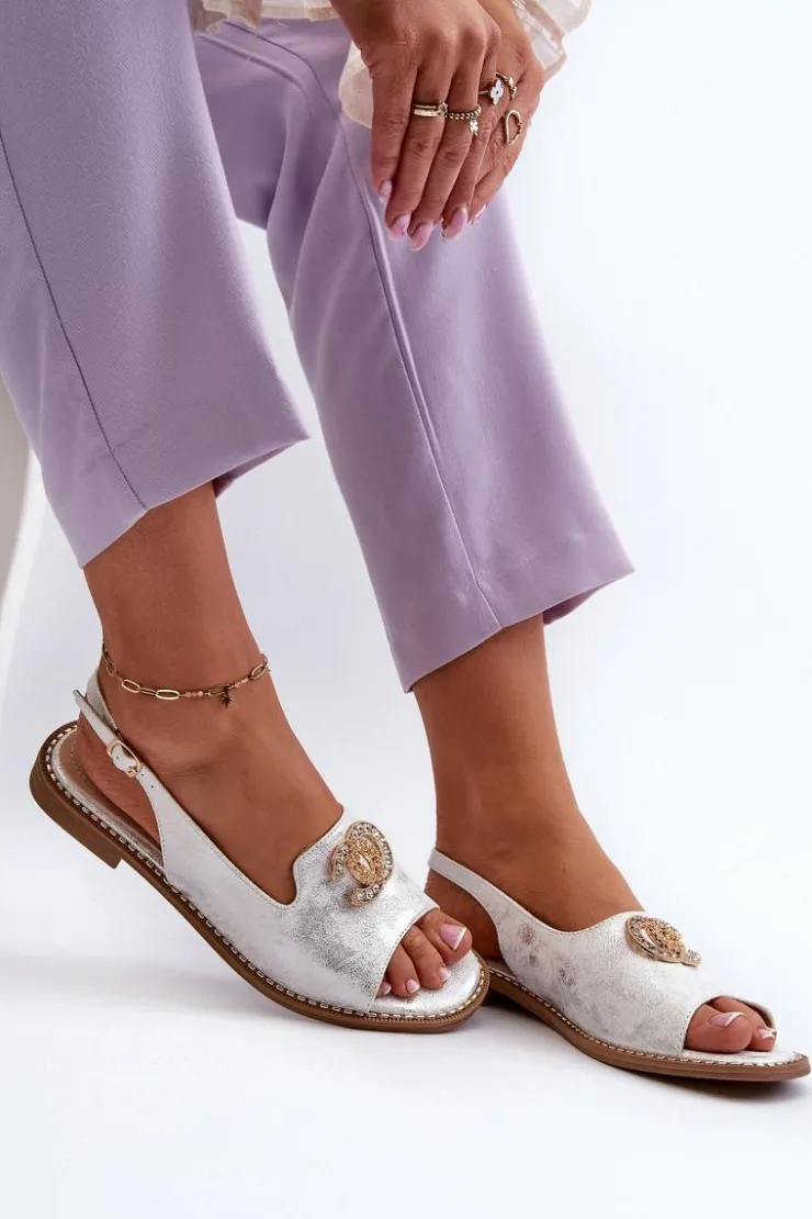 Damskie buty S.Barski Sandały Płaskie*Damskie Sandały Z Ozdobą S.Barski KV27-049 Srebrne