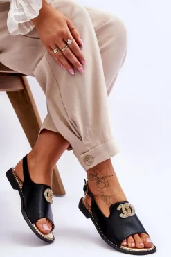 Damskie buty S.Barski Sandały Płaskie*Damskie Sandały Z Ozdobą S.Barski KV-2775-49 Czarne