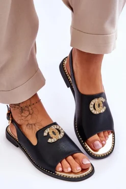 Damskie buty S.Barski Sandały Płaskie*Damskie Sandały Z Ozdobą S.Barski KV-2775-49 Czarne
