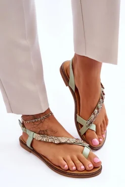 Boto Sandały Płaskie*Damskie Sandały Z Ozdobami Na Pasku Zielone Alamis