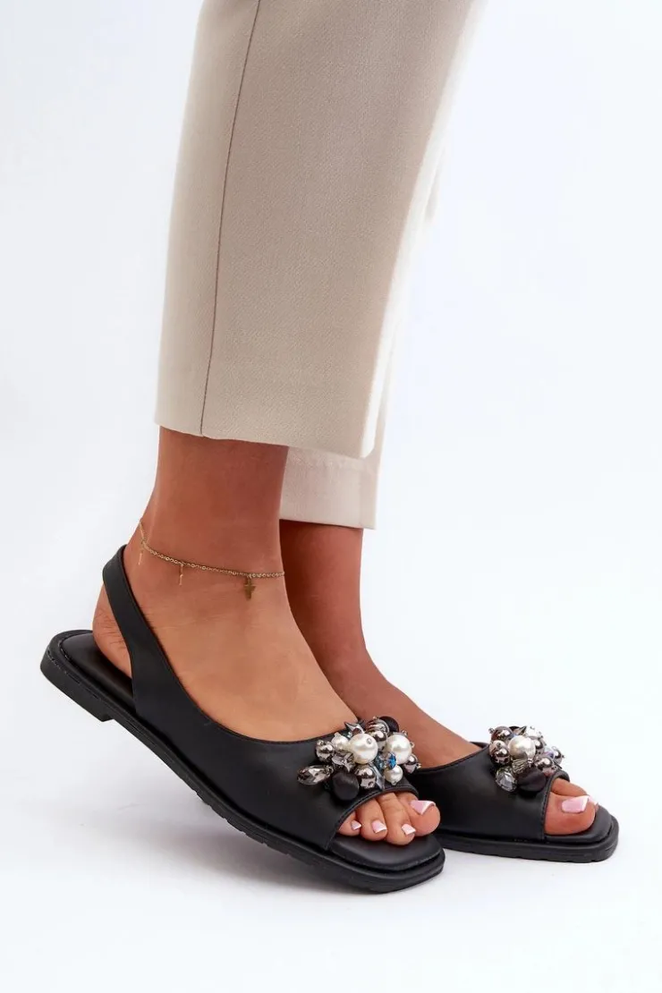 Damskie buty S.Barski Sandały Płaskie*Damskie Sandały Z Ozdobami S.Barski KV27-004 Czarne