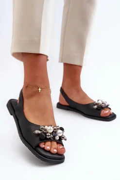 Damskie buty S.Barski Sandały Płaskie*Damskie Sandały Z Ozdobami S.Barski KV27-004 Czarne