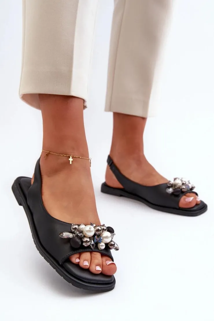 Damskie buty S.Barski Sandały Płaskie*Damskie Sandały Z Ozdobami S.Barski KV27-004 Czarne