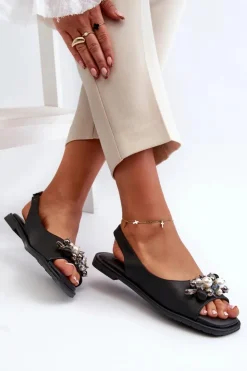 Damskie buty S.Barski Sandały Płaskie*Damskie Sandały Z Ozdobami S.Barski KV27-004 Czarne