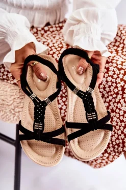 Boto Sandały Płaskie*Damskie Sandały Z Ozdobami Czarne Amberly