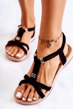 Boto Sandały Płaskie*Damskie Sandały Z Ozdobami Czarne Amberly