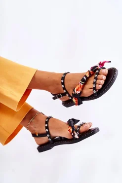 Boto Sandały Płaskie*Damskie Sandały Z Ozdobami Czarne Mataro