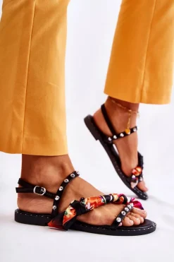 Boto Sandały Płaskie*Damskie Sandały Z Ozdobami Czarne Mataro