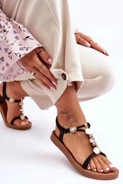 Boto Sandały Płaskie*Damskie Sandały z Ozdobami Czarne Kushi