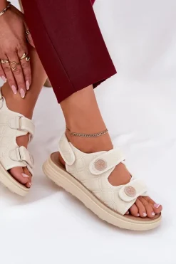 Hot Boto Damskie Sandały Z Ozdobnymi Detalami Na Rzepy Beżowe Zoliner Beżowy