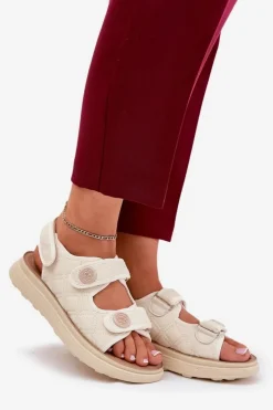 Hot Boto Damskie Sandały Z Ozdobnymi Detalami Na Rzepy Beżowe Zoliner Beżowy