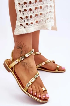 Best Boto Damskie Sandały Z Ozdobnymi Muszelkami Złote Verdem