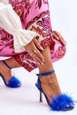 Boto Sandały Na Obcasie*Damskie Sandały Z Piórkami Niebieskie Tiffany