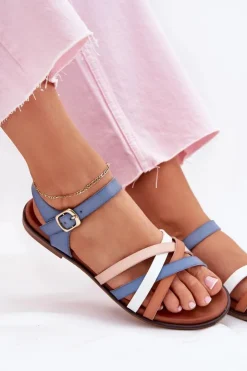 Buty Sergio Leone Sandały Płaskie*Damskie Sandały Z Przeplatającymi Się Paskami Sergio Leone SK090H Niebieskie