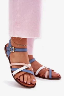 Buty Sergio Leone Sandały Płaskie*Damskie Sandały Z Przeplatającymi Się Paskami Sergio Leone SK090H Niebieskie