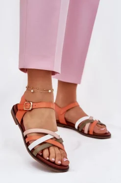 Buty Sergio Leone Sandały Płaskie*Damskie Sandały Z Przeplatającymi Się Paskami Sergio Leone SK090H Pomarańczowe