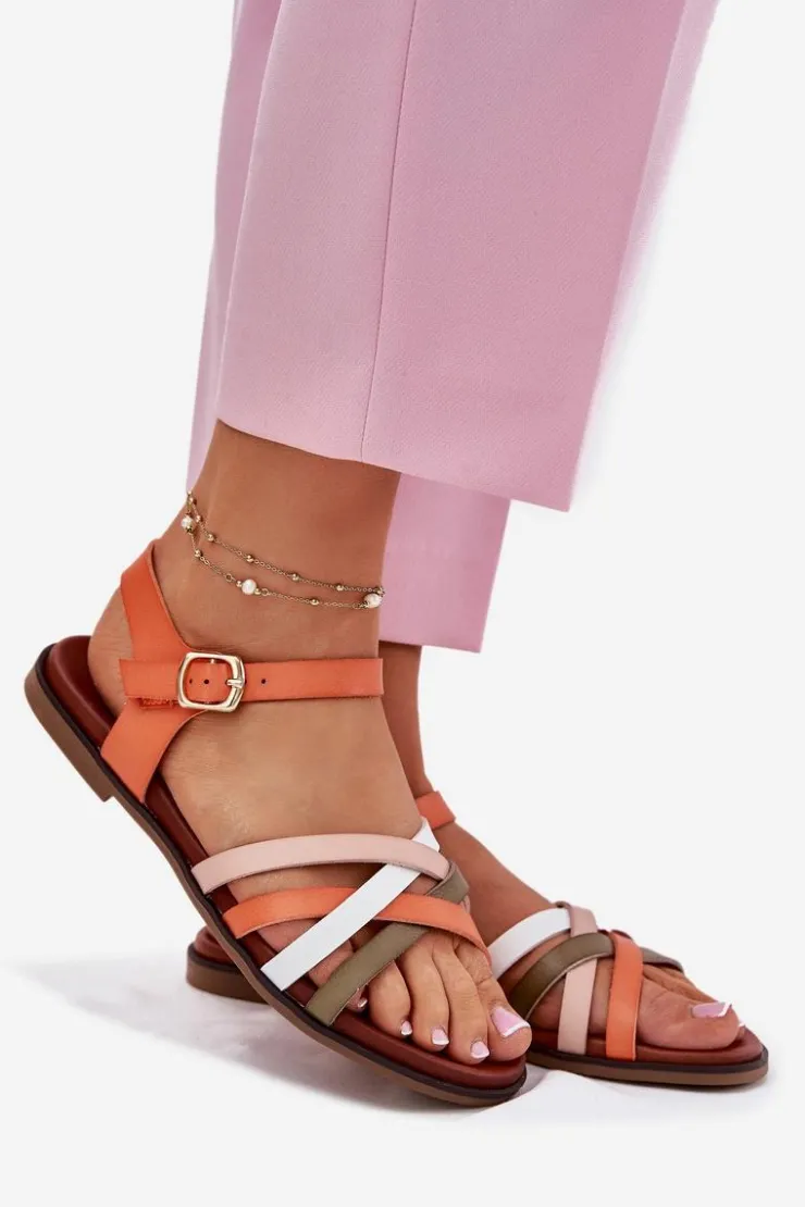 Buty Sergio Leone Sandały Płaskie*Damskie Sandały Z Przeplatającymi Się Paskami Sergio Leone SK090H Pomarańczowe