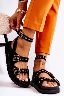 Boto Sandały Gumowe|Sandały Płaskie*Damskie Sandały Zamszowe Z Paskami Czarne Parys