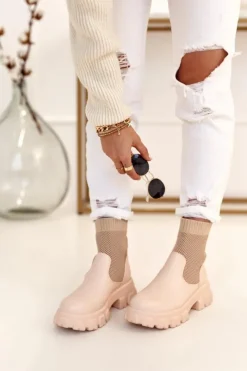 Best Boto Damskie Skarpetkowe Botki Workery Beżowe Stormy