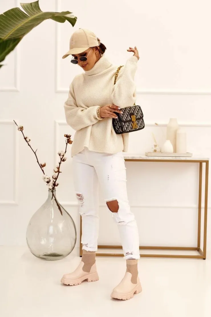 Best Boto Damskie Skarpetkowe Botki Workery Beżowe Stormy