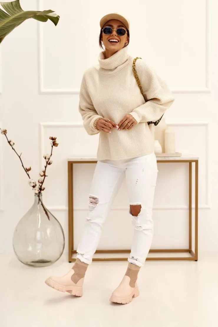 Best Boto Damskie Skarpetkowe Botki Workery Beżowe Stormy