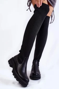 Boto Muszkieterki|Kozaki Wiosenne*Damskie Skarpetkowe Kozaki Za Kolano Czarne Glorie