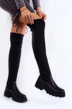 Boto Muszkieterki|Kozaki Wiosenne*Damskie Skarpetkowe Kozaki Za Kolano Czarne Glorie