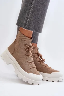 New Boto Damskie Skarpetkowe Wsuwane Botki Brązowe Solime