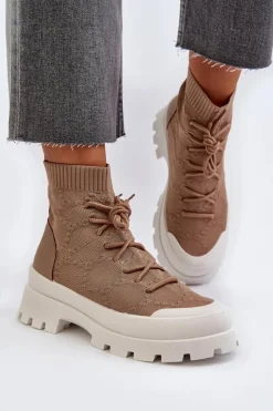 New Boto Damskie Skarpetkowe Wsuwane Botki Brązowe Solime