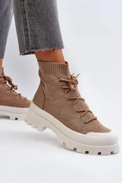 New Boto Damskie Skarpetkowe Wsuwane Botki Brązowe Solime