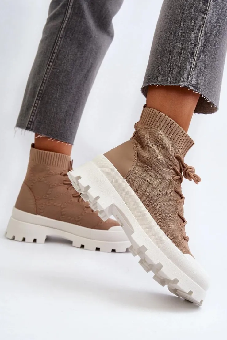 New Boto Damskie Skarpetkowe Wsuwane Botki Brązowe Solime