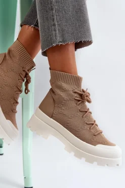 New Boto Damskie Skarpetkowe Wsuwane Botki Brązowe Solime