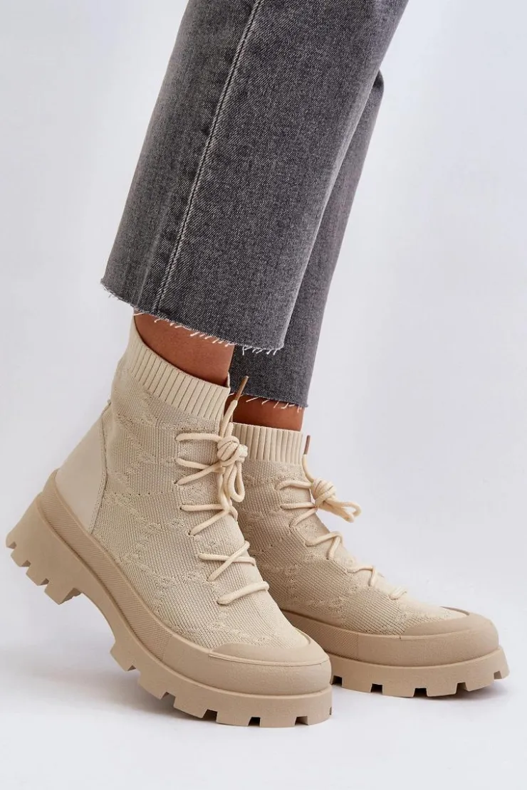 Boto Botki Wiosenne|Botki Sznurowane*Damskie Skarpetkowe Wsuwane Botki Jasnobeżowe Solime