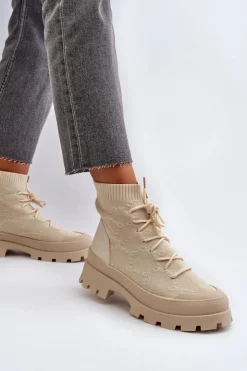 Boto Botki Wiosenne|Botki Sznurowane*Damskie Skarpetkowe Wsuwane Botki Jasnobeżowe Solime