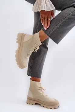 Boto Botki Wiosenne|Botki Sznurowane*Damskie Skarpetkowe Wsuwane Botki Jasnobeżowe Solime