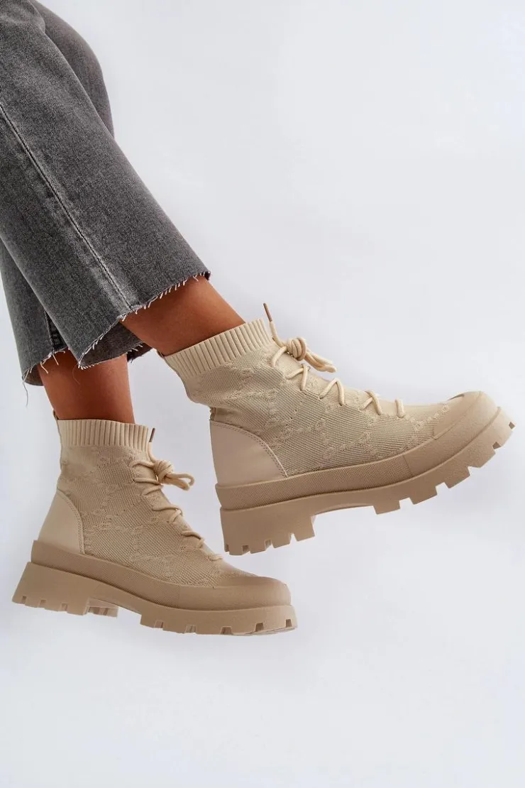 Boto Botki Wiosenne|Botki Sznurowane*Damskie Skarpetkowe Wsuwane Botki Jasnobeżowe Solime