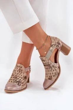 Clearance Maciejka Damskie Skórzane Ażurowe Botki 04962-43 Beżowo-Złote