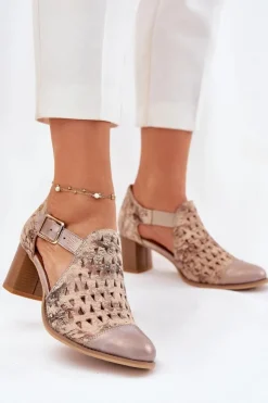 Clearance Maciejka Damskie Skórzane Ażurowe Botki 04962-43 Beżowo-Złote