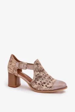 Clearance Maciejka Damskie Skórzane Ażurowe Botki 04962-43 Beżowo-Złote