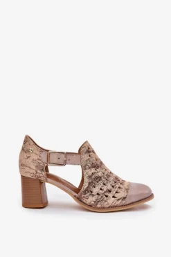 Clearance Maciejka Damskie Skórzane Ażurowe Botki 04962-43 Beżowo-Złote