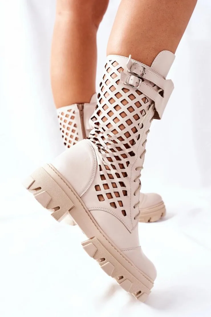 Boto Damskie Trapery|Botki Sznurowane*Damskie Skórzane Ażurowe Botki Trapery Beżowe Hootie